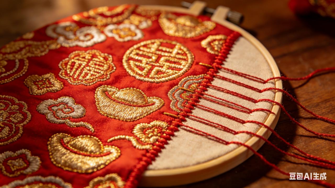 一针一线绣吉祥，红金相映福满堂，元宝纳财万事昌。