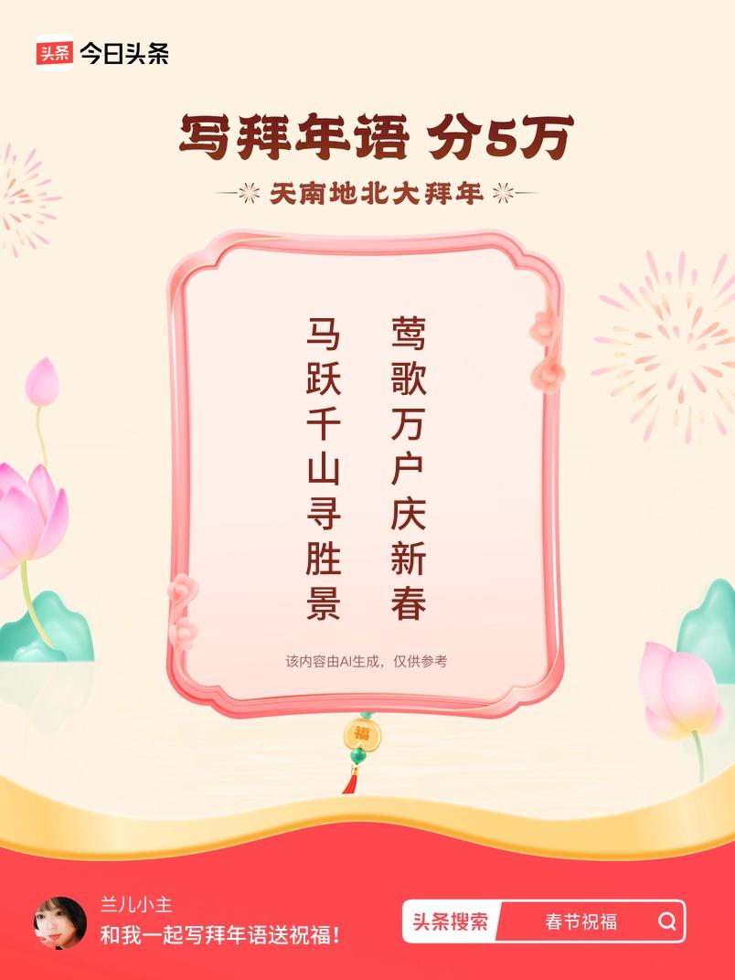 写拜年语送祝福新春拜年送祝福！我的祝福是：“马跃千山寻胜景，莺歌万户庆新春”！快