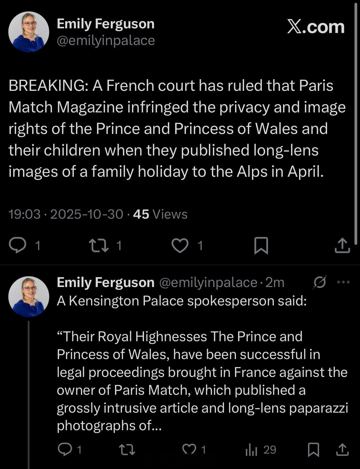 因为今年四月在法国阿尔卑斯山度假被偷拍，威尔士亲王夫妇又把狗仔队给告了，认为狗仔