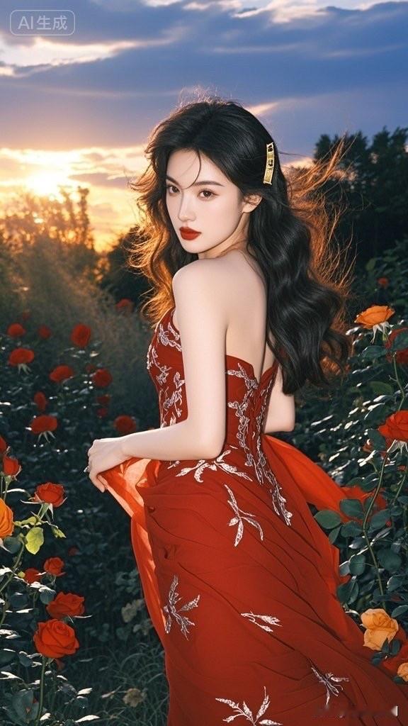 优雅红裙少女，玫瑰丛中绽放，浪漫气息满满！🌹💃