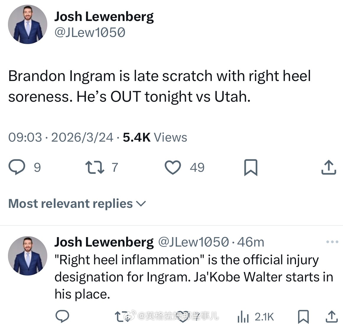 英格拉姆右脚跟发炎，故今天临时不打。英格拉姆