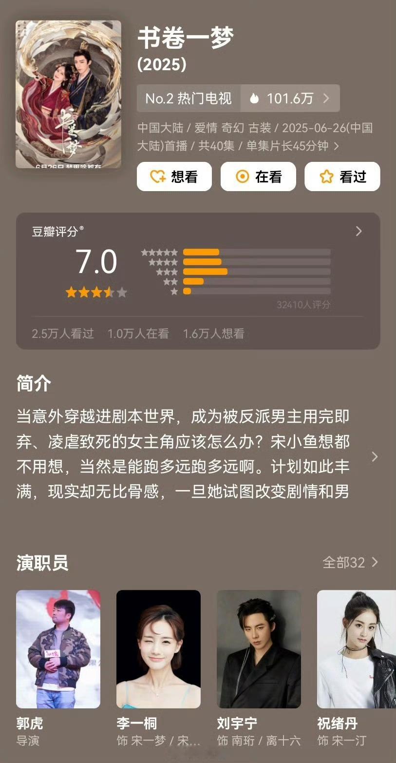 李一桐刘宇宁《书卷一梦》开分7.0，高了还是低了 ​​​