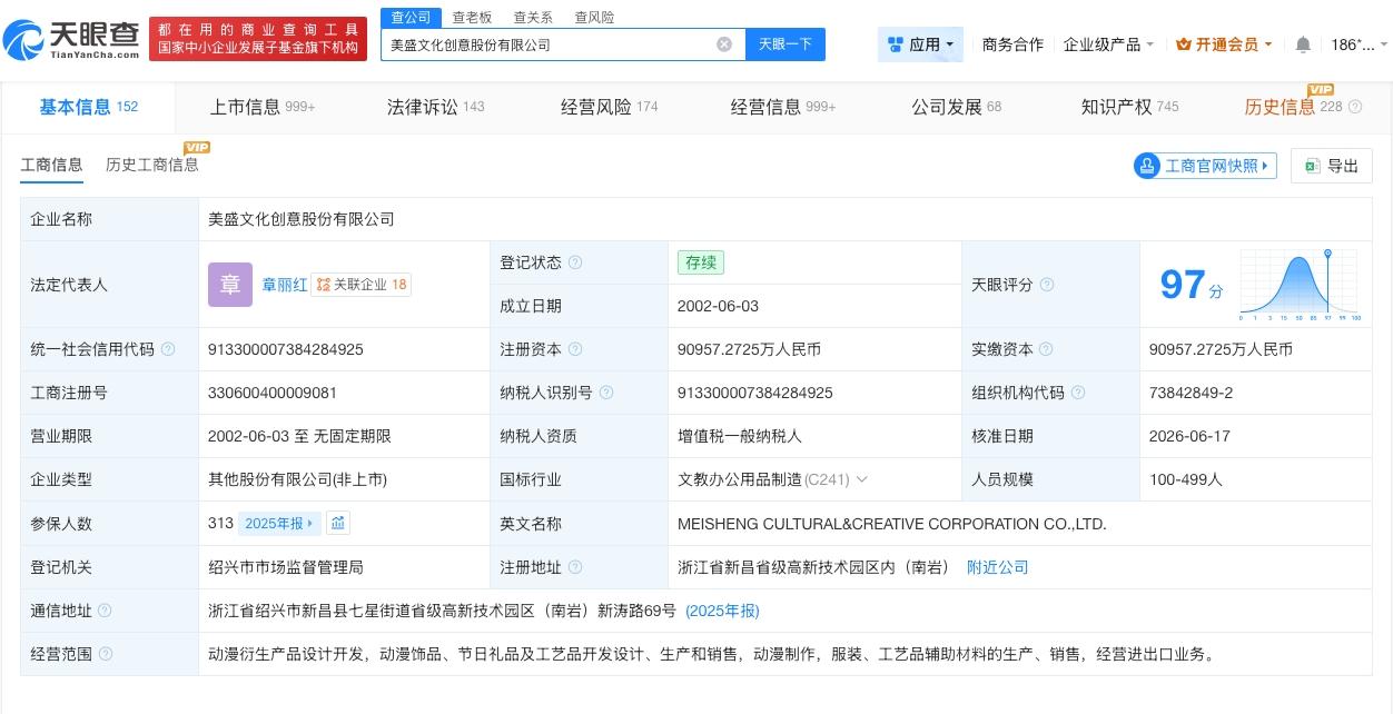 朱燕仪卸任美盛文化董事长
美盛文化董事长变更为章丽红
天眼查App显示，近日，美