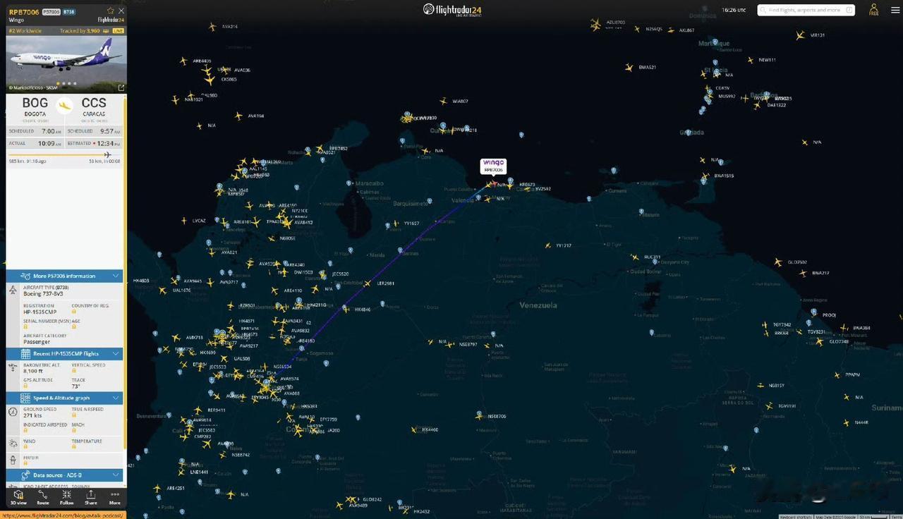 根据 F24 数据，委内瑞拉上空目前依然有航班飞行