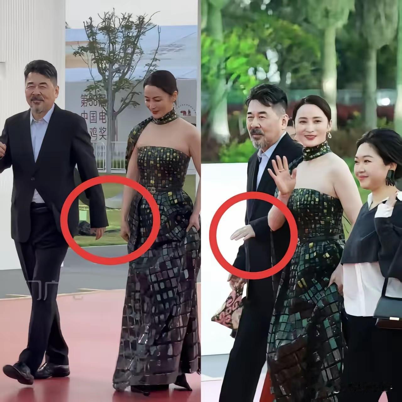 上海一家酒店外铺着红毯。蒋勤勤穿银灰色露肩礼服。她站得笔直，向观众挥手。陈建斌穿