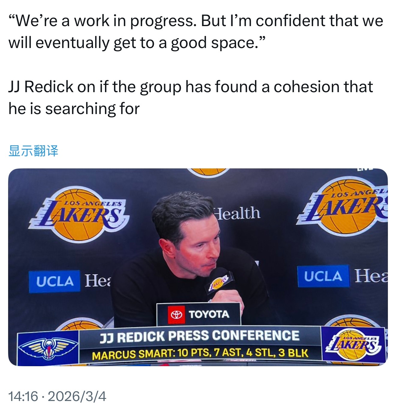 JJ·雷迪克谈球队是否找到了他所寻求的凝聚力：“我们仍在不断改进，但我相信我们最