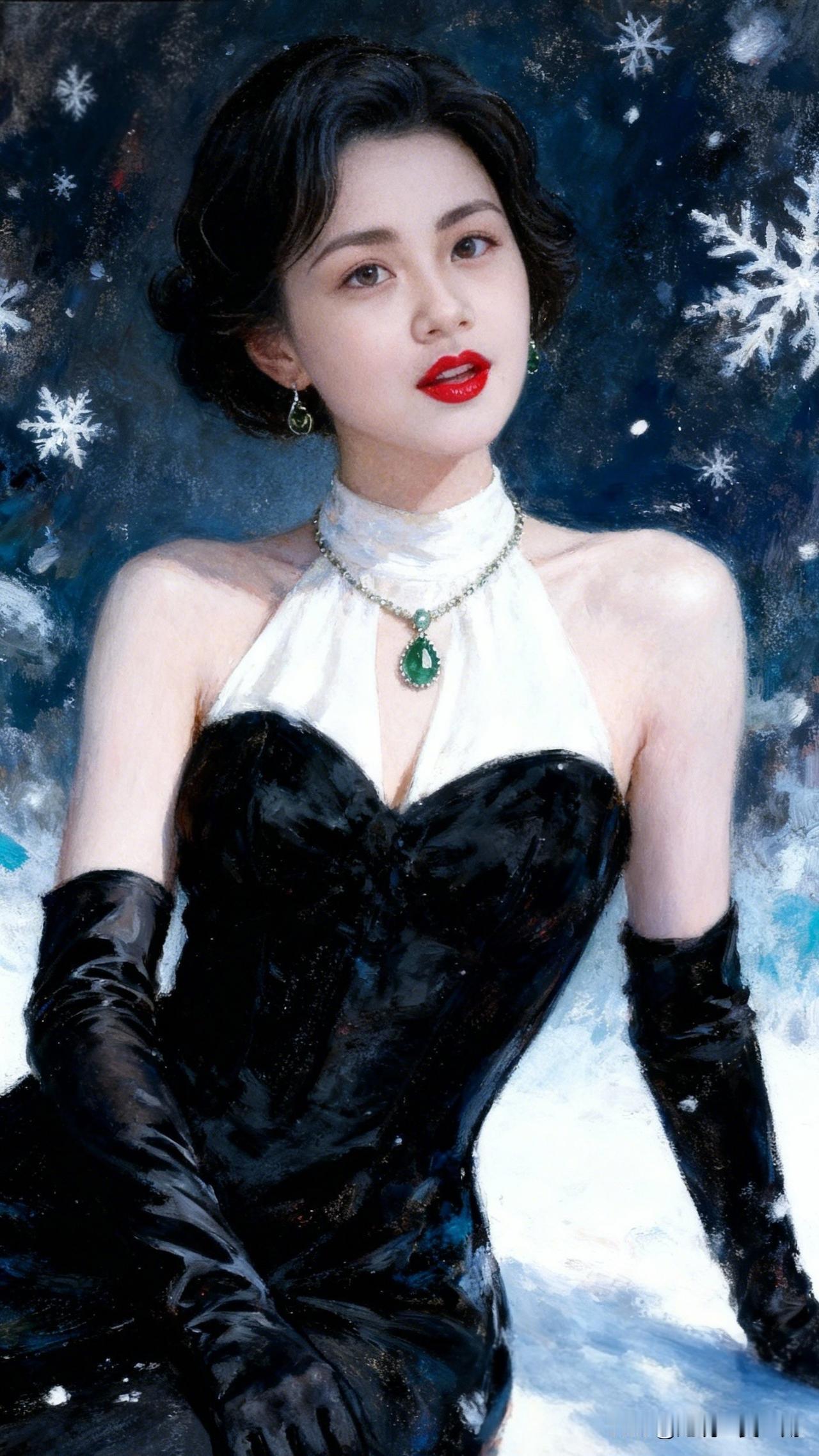 雪中美人，红唇似火。看过哪些惊艳时光的美女？ 冬日雪景中的优雅美人，红唇与黑裙的