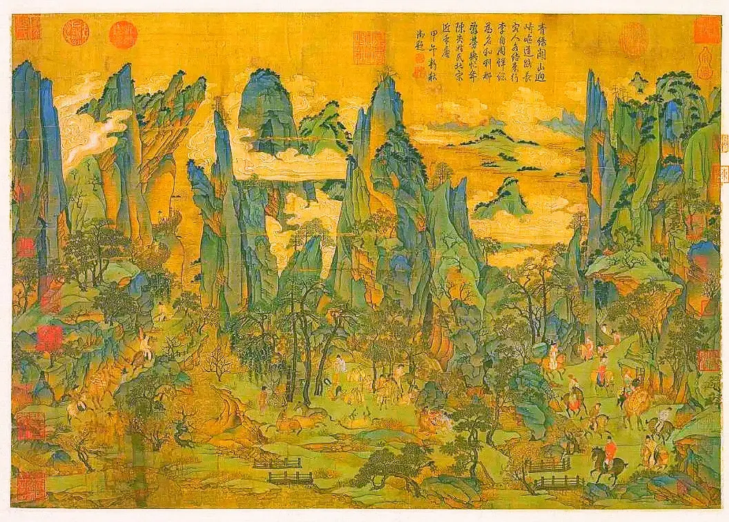 古风元素图画。国画山水作品《明皇幸蜀图》华夏精髓生动逼真