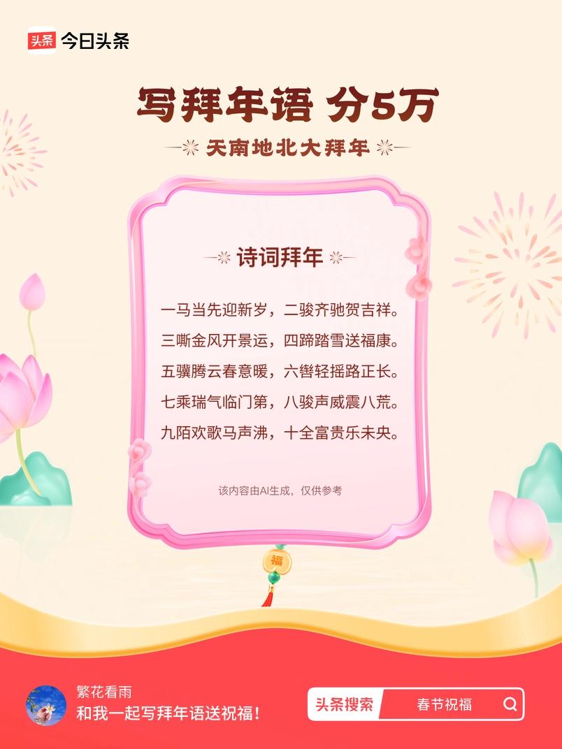 写拜年语送祝福新春拜年送祝福！我的祝福是：“一马当先迎新岁，二骏齐驰贺吉祥。三嘶
