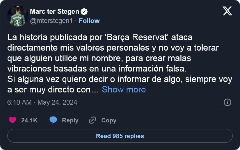 #巴萨#门将ter Stegen公开发布声明驳斥加泰罗尼亚三台关于自己在去年十二