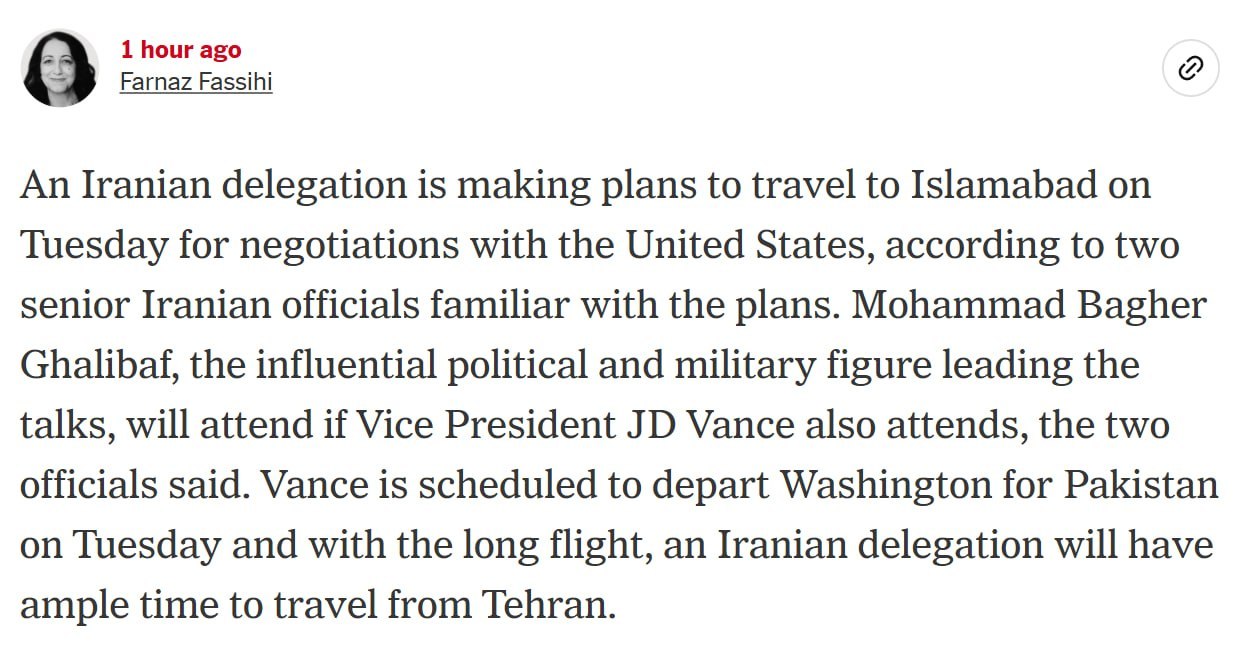 据《纽约时报》援引两名伊朗高级官员的话称，一个伊朗代表团正计划于周二前往巴基斯坦