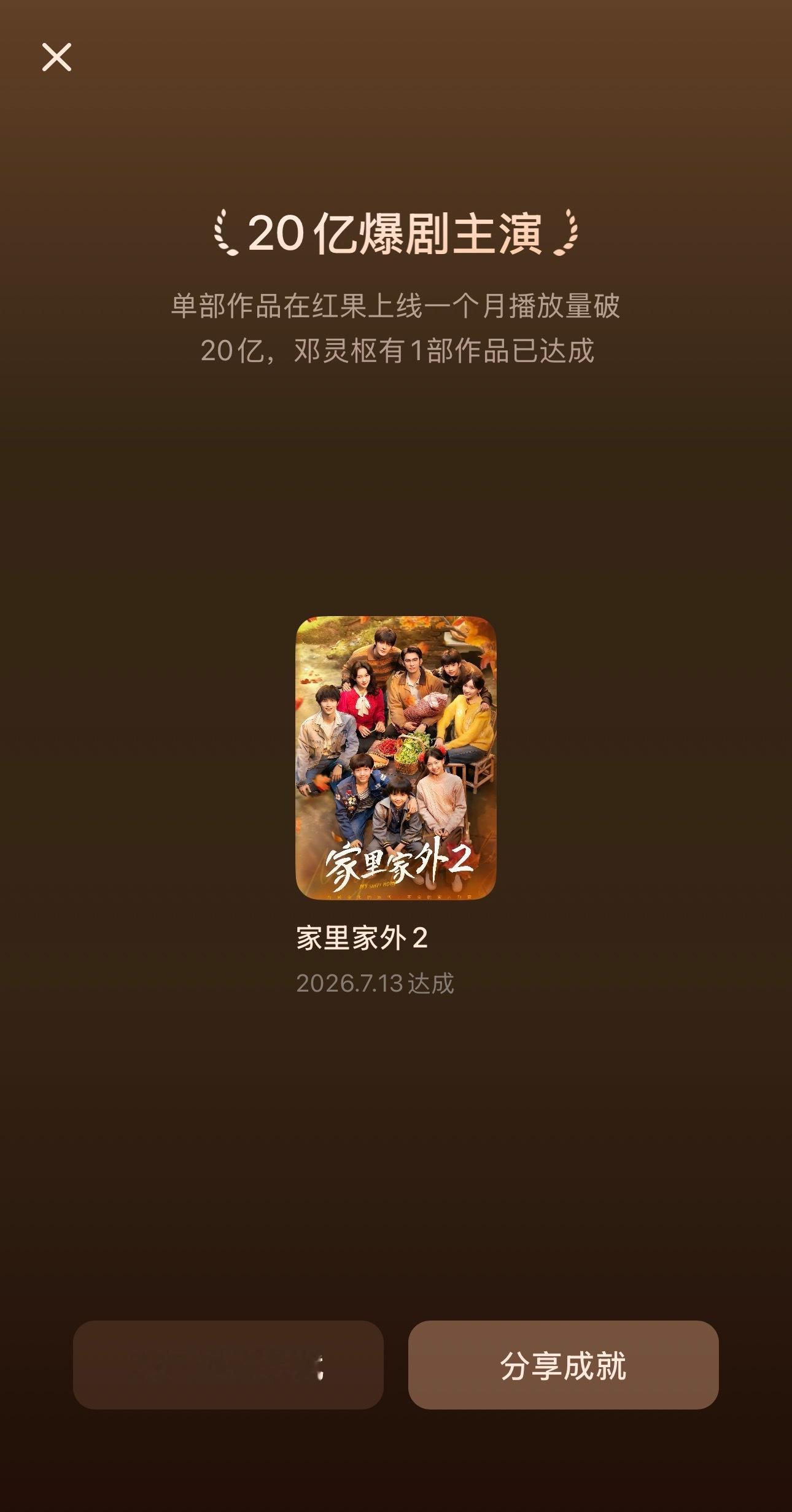 🍅邓灵枢红果成就：✅首发20亿1部✅30亿1部✅10亿14部✅1000w获赞3