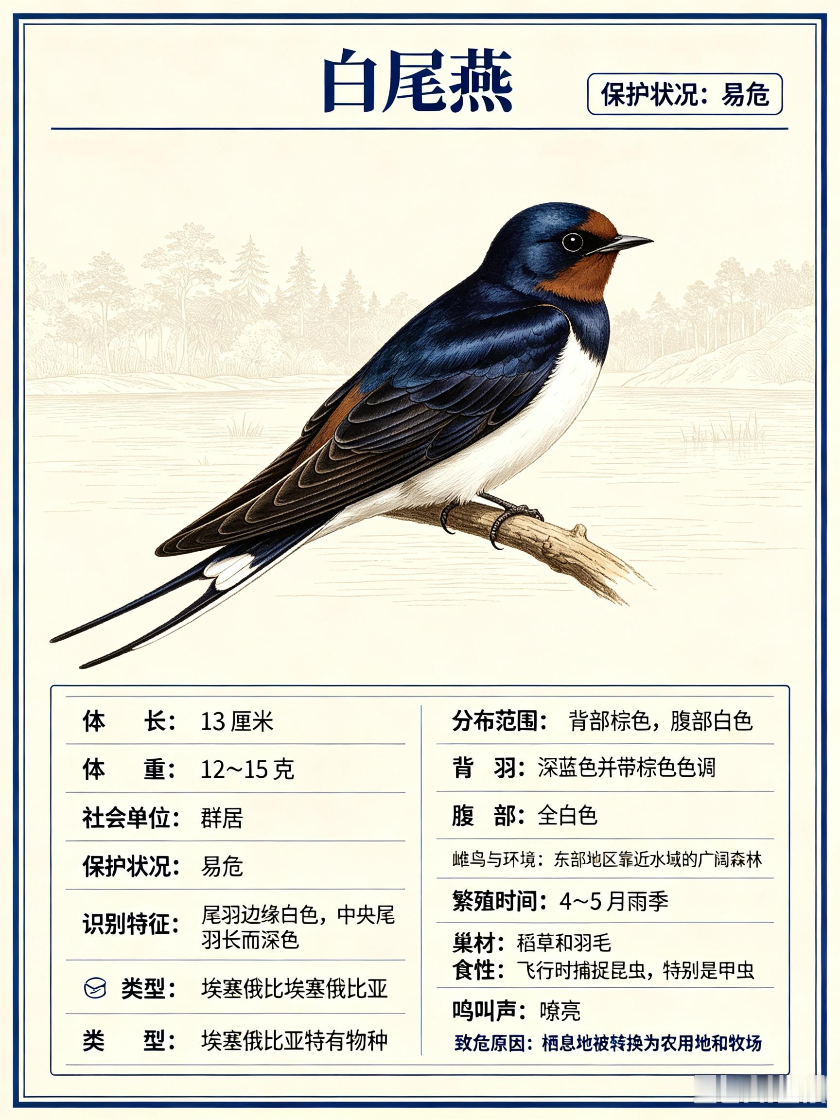 鸟类朋友图鉴 白尾燕体长：13 厘米体重：12~15 克社会单位：群居保护状况：