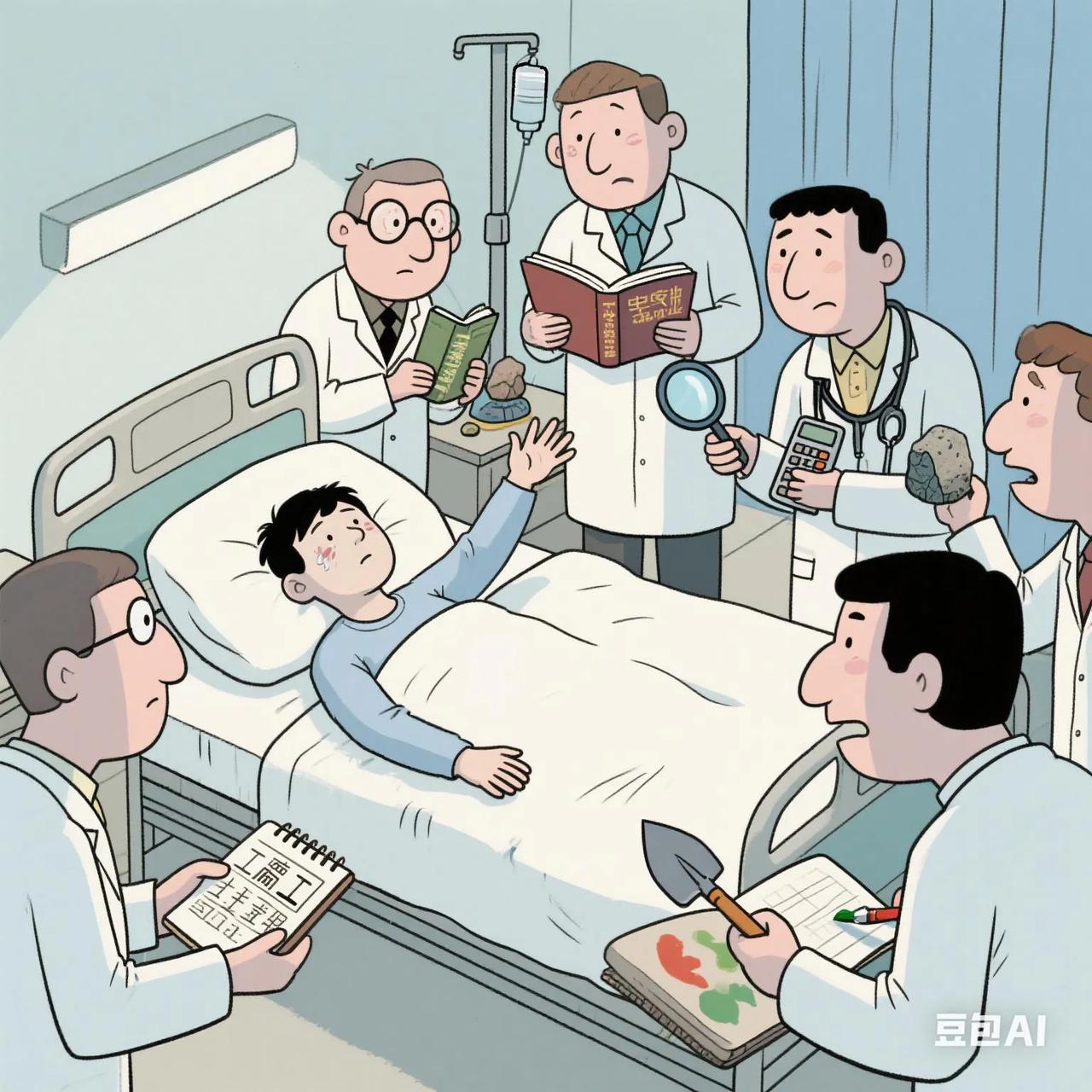 医院里的“假治疗”！
某个医院里，有一个病人躺在医院的病床上求救，旁边却围着6个