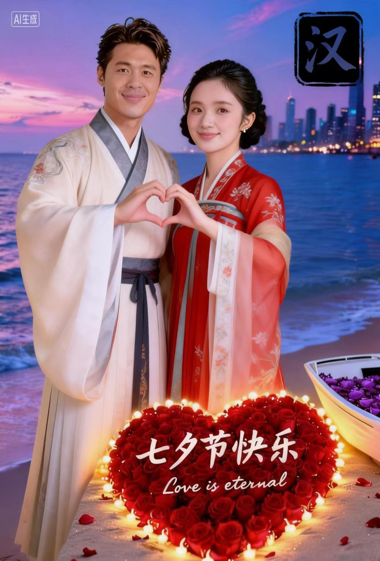碧海残霞染远汀，华裳相对两娉婷。
白衣漫卷清风韵，红袂轻扬锦绣形。
共比心期酬七