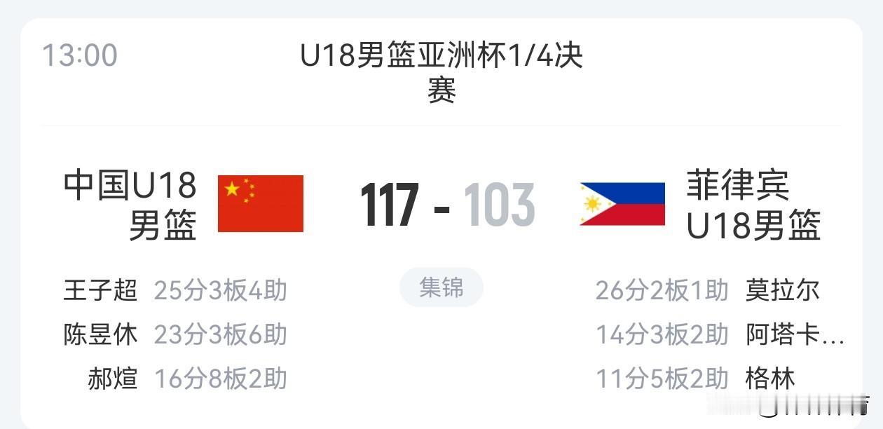中国 U18男篮亚洲杯四连胜晋级半决赛，菲律宾男篮输球又输人，比赛最后时刻阴招频