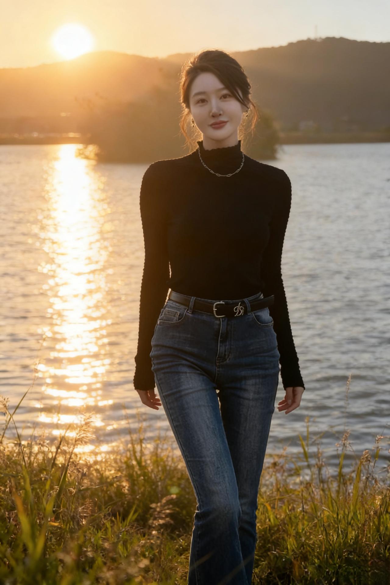 夕波熔作金，衣黑衬光深。
独立汀洲上，风牵鬓影沉。