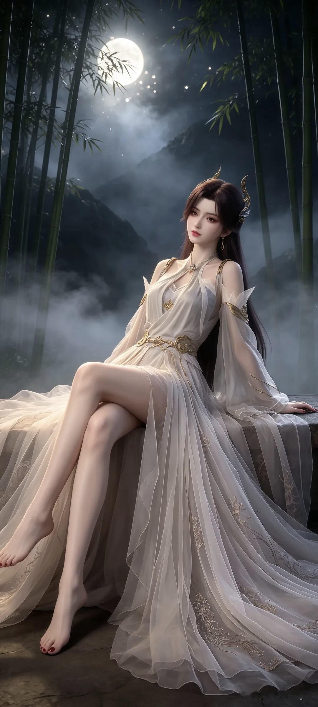 仙气缭绕的月夜，唯美古风女神，梦幻竹林仙境