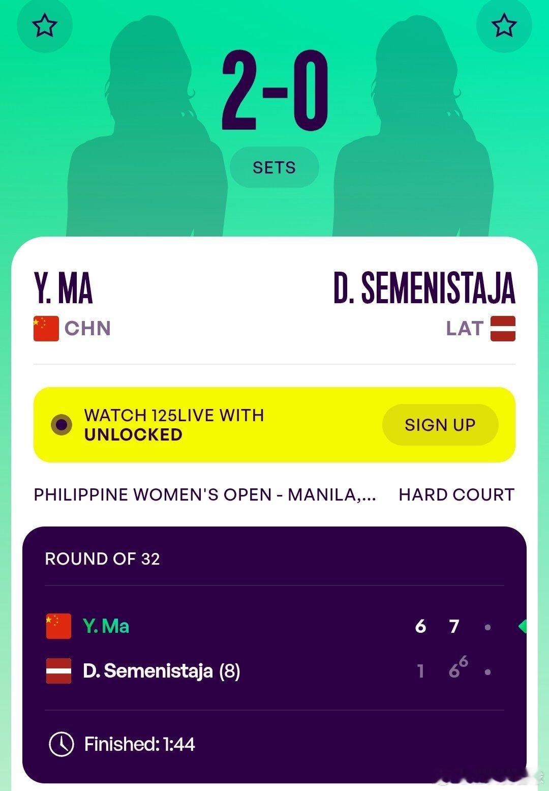 WTA125马尼拉站🇵🇭女单第一轮马烨欣🇨🇳6-1/7-6(6)战胜8号