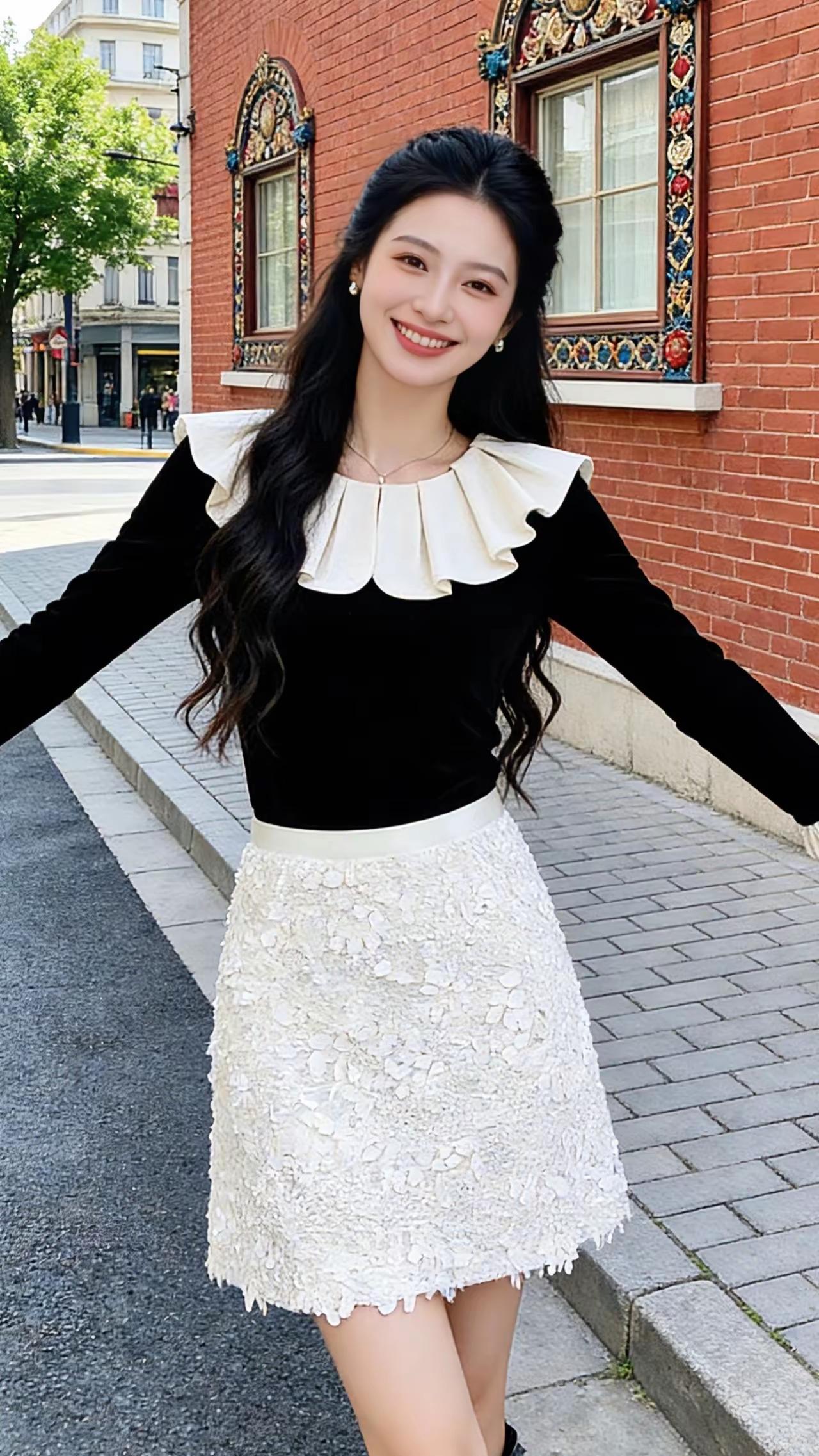 优雅黑白色调，甜美荷叶边与蕾丝裙的完美搭配，都市女孩的时尚穿搭！💃🏻✨减龄少