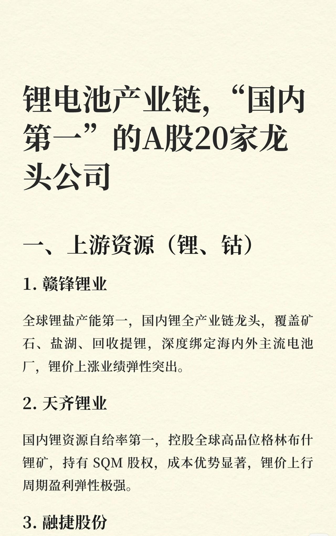 锂电池产业链“国内第一”的A股20家龙头公司，按“上游资源-中游材料-下游电池&