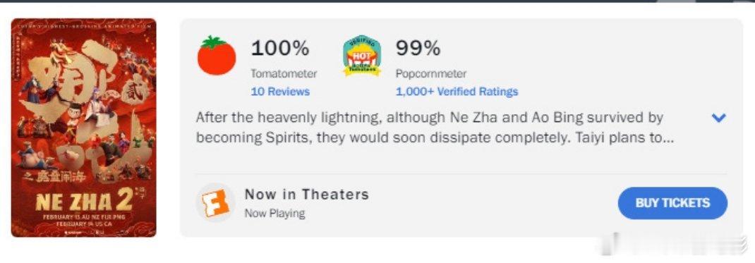 《哪吒之魔童闹海‎》烂番茄100%新鲜(10评10鲜)，爆米花指数99%口碑稳稳