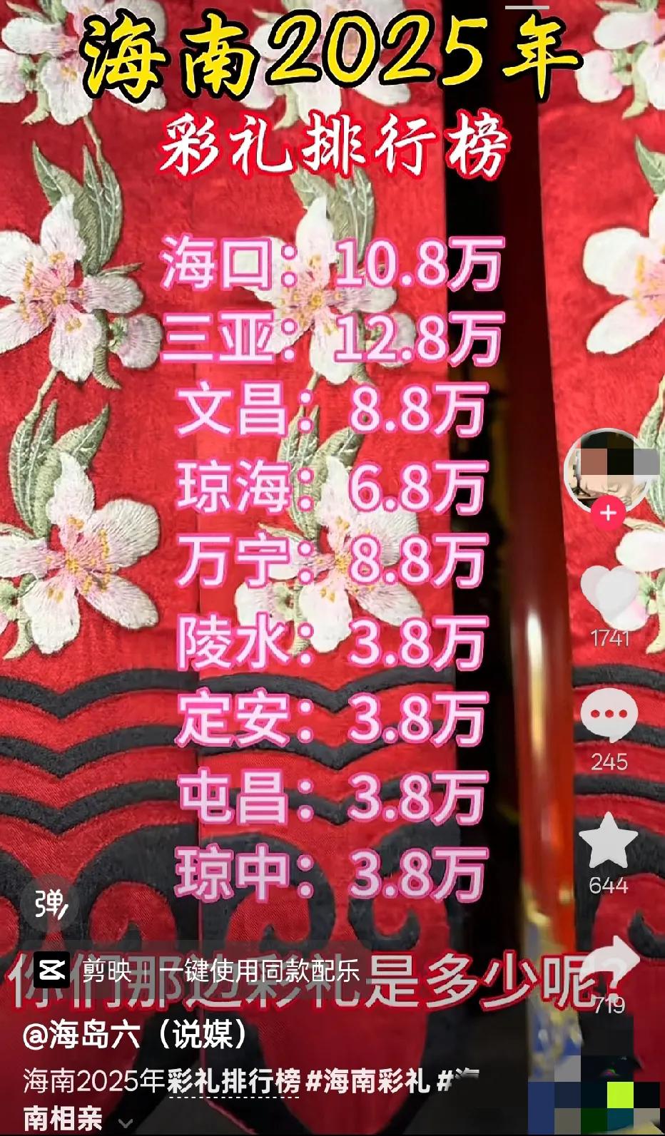 刚在抖音刷到一网友发的“海南2025年彩礼排行榜”，里面列了一些市县的彩礼金额，