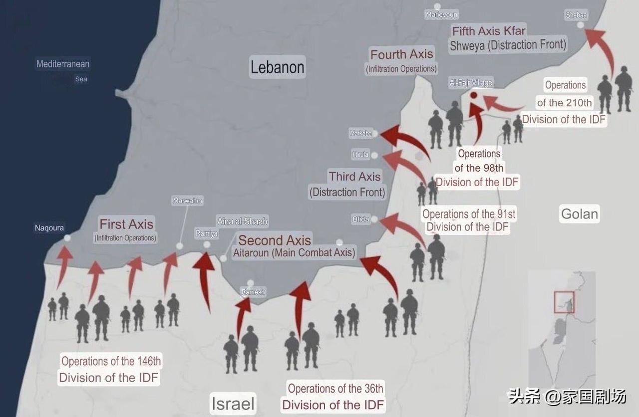 这是一张北部战线的战场示意图，展示了真主党如何将边界划分为5条作战轴线，每条轴线