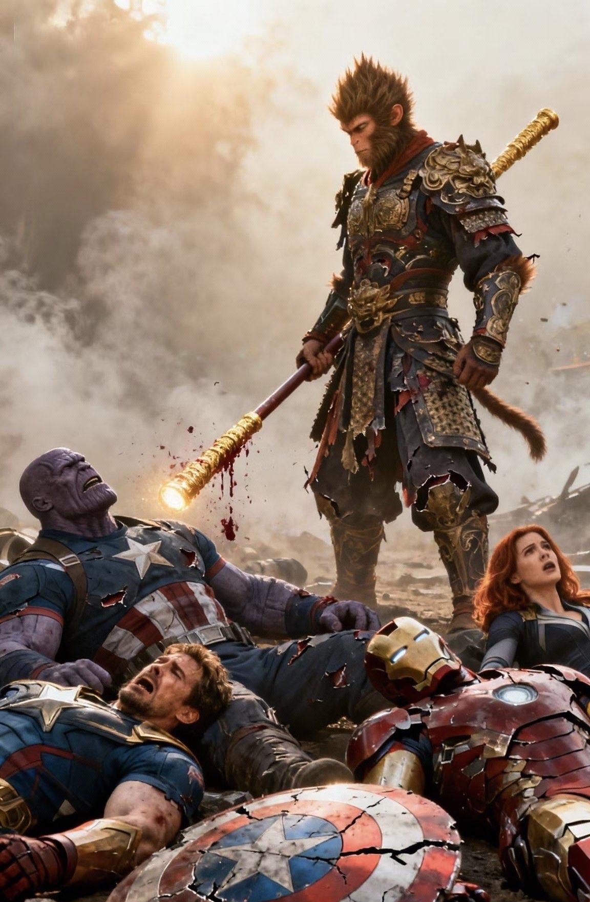 孙悟空VS复仇者联盟。
原著齐天大圣孙悟空胜，毫无悬念。
原因：
•  速度远超