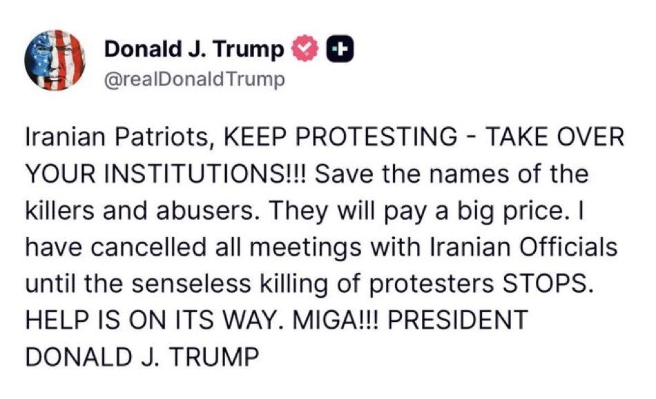 突发新闻：美国总统唐纳德·J·特朗普向伊朗抗议者发表了措辞激烈的公开讲话，敦促他