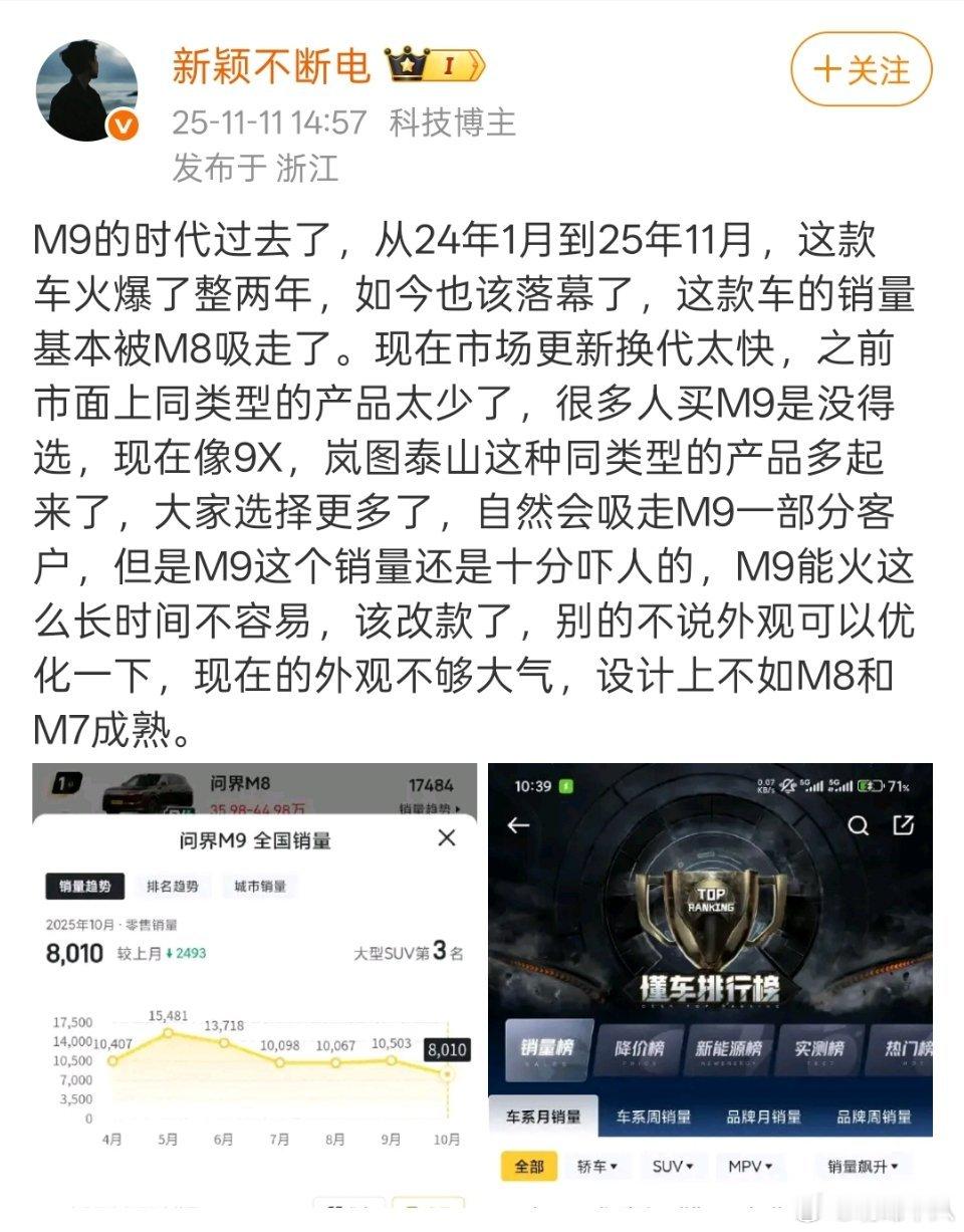 这两天看到的2个论调，感觉挺搞笑的。1，问界M9的时代过去了。2，小米SU7的订