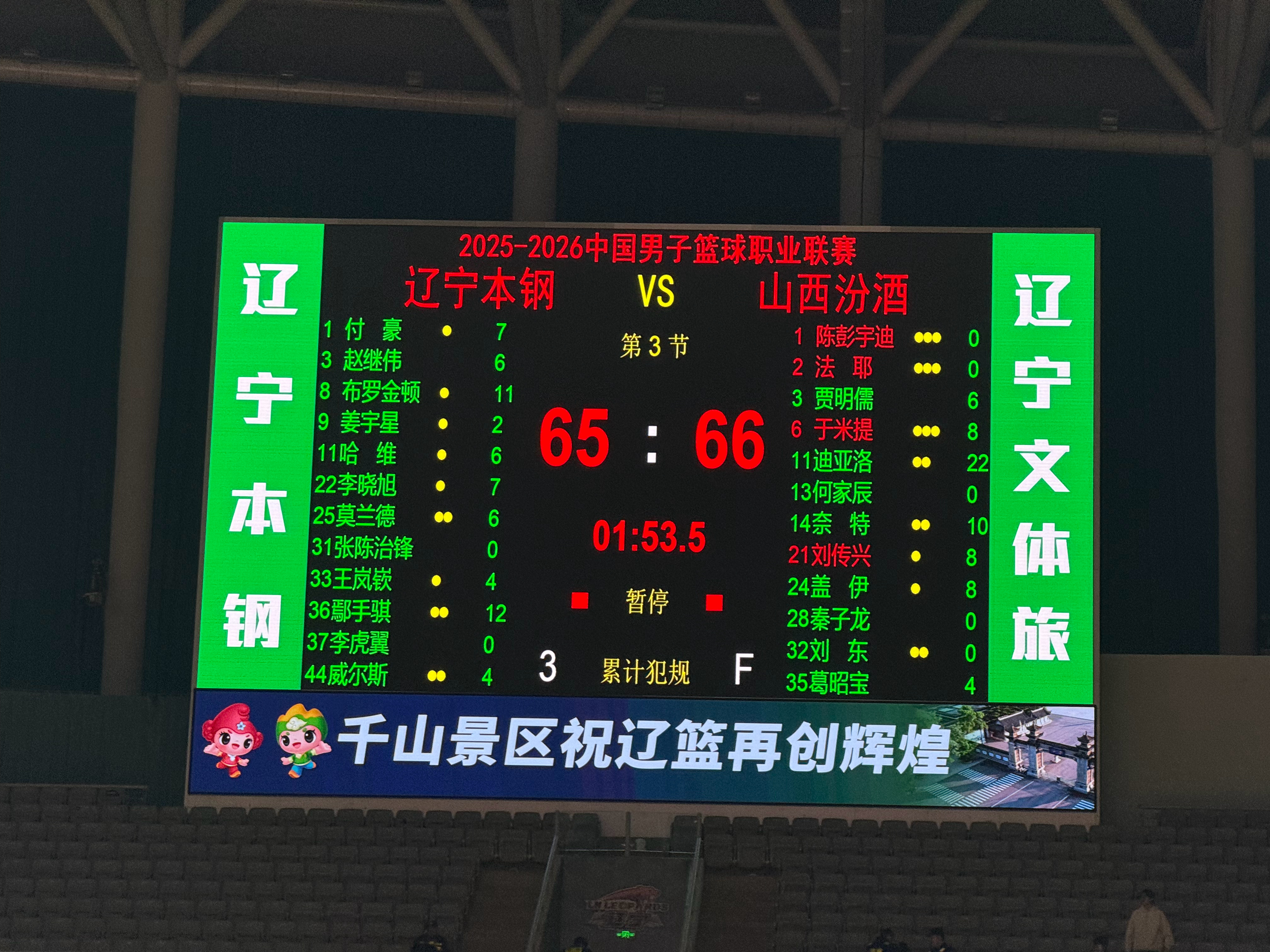 三节比分，辽宁65-66山西。最后一节布罗金顿能不能扣进一个辽宁男篮vs山西男篮