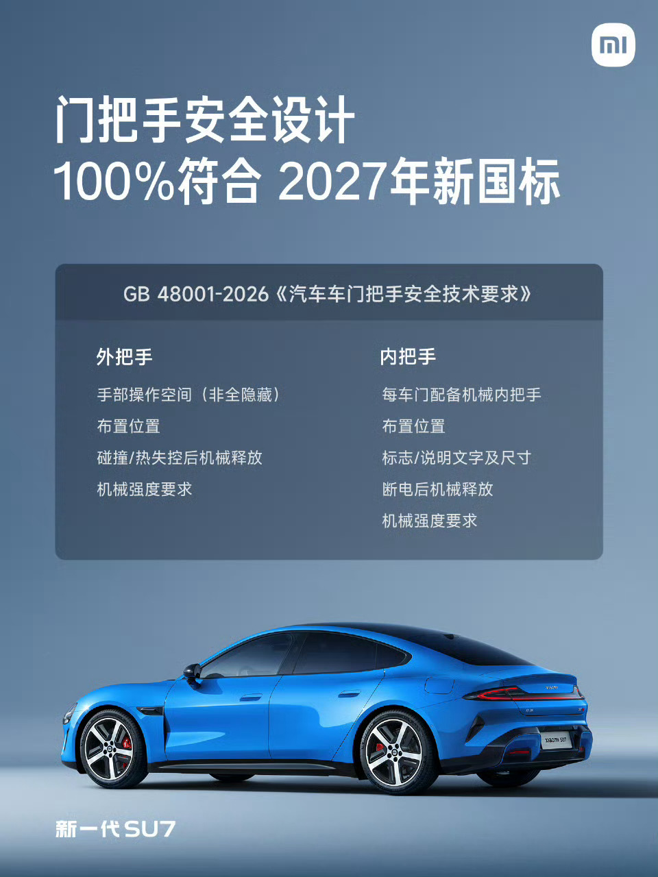 雷军称新SU7门把手完全符合新国标 2027 年才实行的国标，小米提前做到了！新
