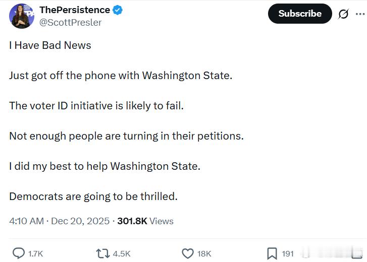 斯科特·普雷斯勒：我有个坏消息。刚刚和华盛顿州那边通完电话。选民身份证倡议很可能