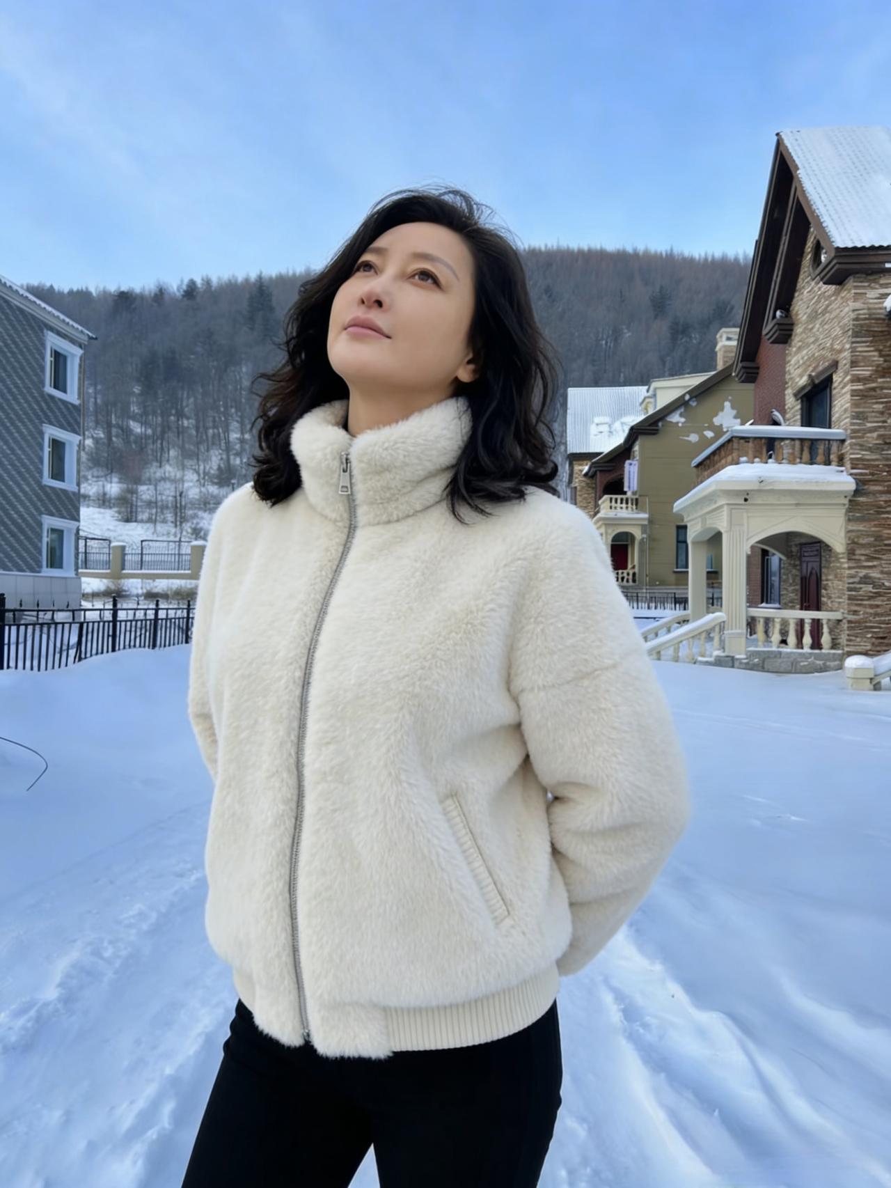 雪后郊原望不穷，晴光万里映天红。
危楼错落凝霜白，远岫逶迤带雾蒙。
裘软偏宜迎晓