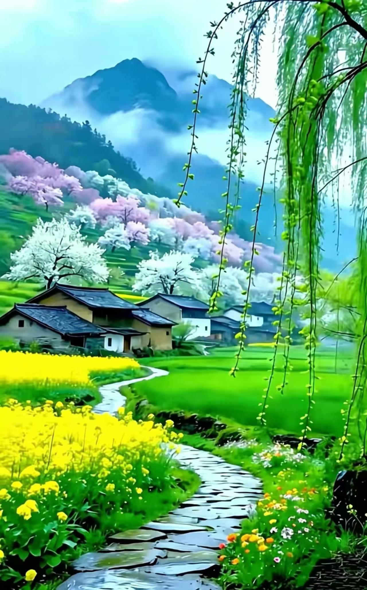 水仙子·雨润乡岚
春雨濡山翠自流，
垂杨柔丝系芳洲。
繁花漫垄迷蜂蝶，
烟村意自