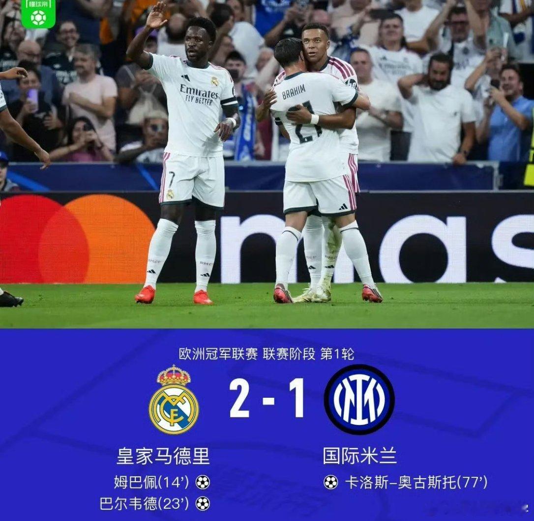 欧冠联赛，皇马2-1国际米兰。姆巴佩首开记录，巴尔韦德扩大比分，何塞普·马丁内斯