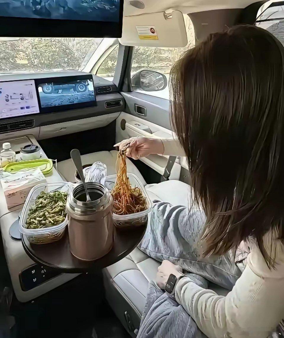 小姐姐在自己新能源车内吃饭，还说要让开燃油车的大伙羡慕羡慕，属实有点搞不懂了，开