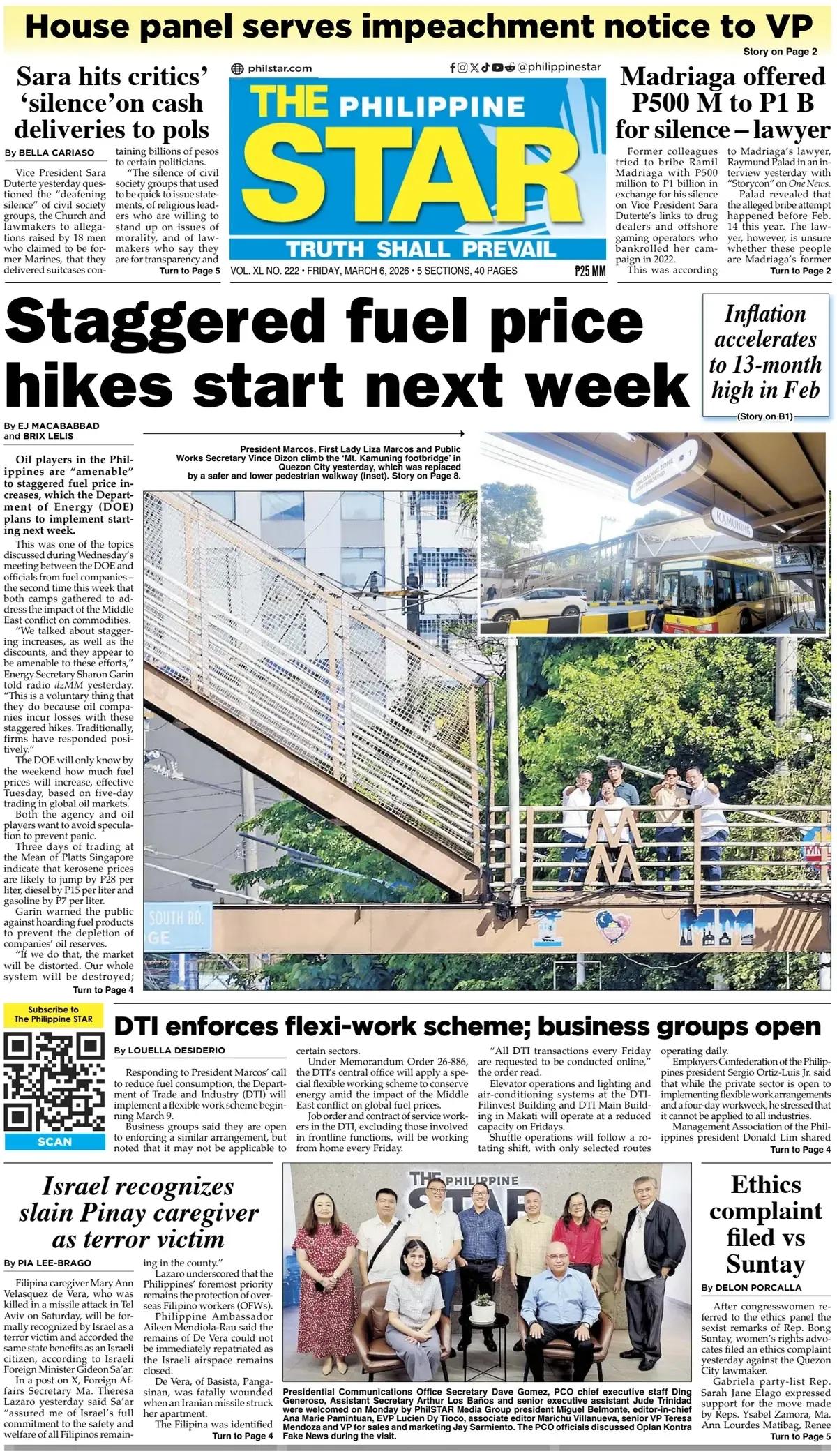 《菲律宾星报》头版，由于美国，以色列与伊朗冲突造成中东地区石油命脉中断后，引起大