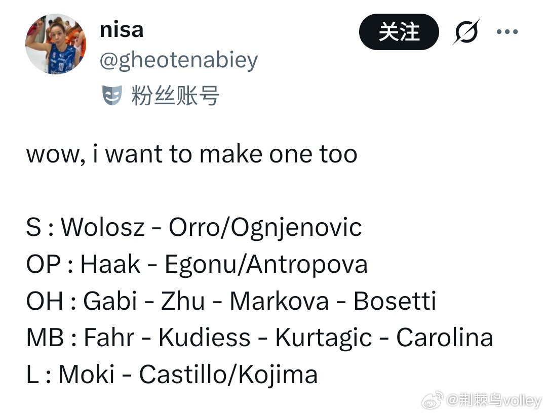 外网一个球迷pou出了自己心目中的理想阵容（pic1），主攻组是:加比-塞拉-马