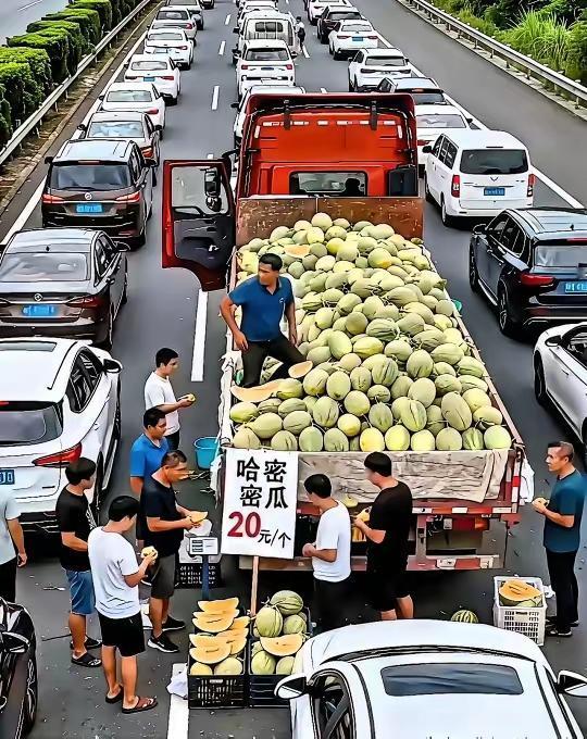 长假高速秒变瓜田现场！大哥拉着一车哈密瓜赶路，堵车堵到瓜还没出市，就被车主们抢空