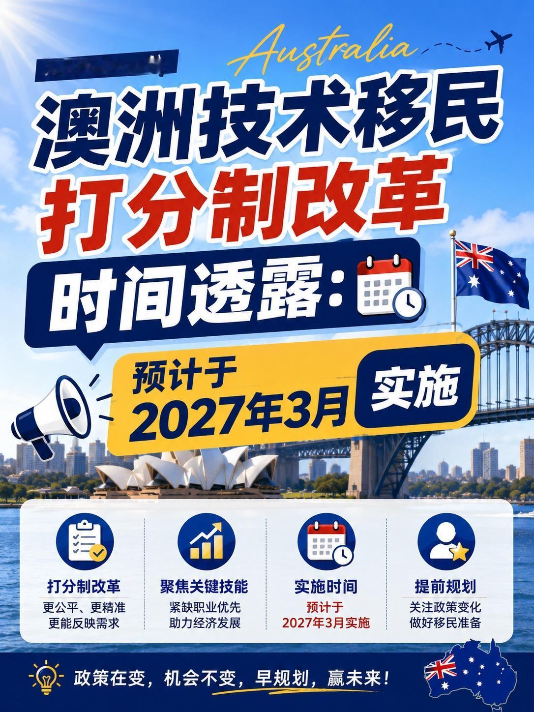 澳洲技术移民打分制改革时间透露：预计于2027年3月实施！

近日，业内知名大佬