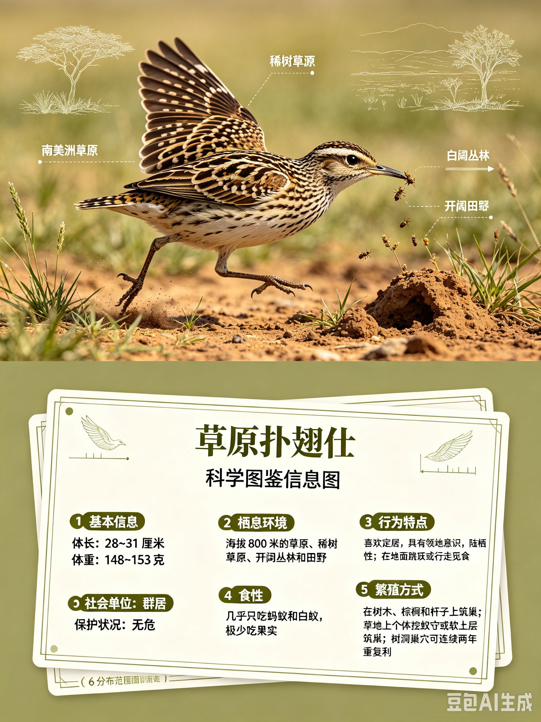鸟类朋友图鉴 草原扑翅体长：28~31 厘米体重：148~153 克社会单位：群