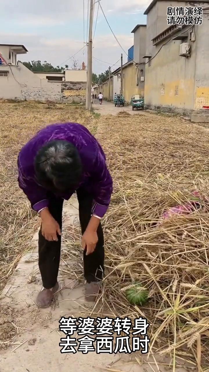 婆婆抱着西瓜准备回家，这时觉得鞋子里有东西，于是她将西瓜放地上，殊不知儿媳妇藏在