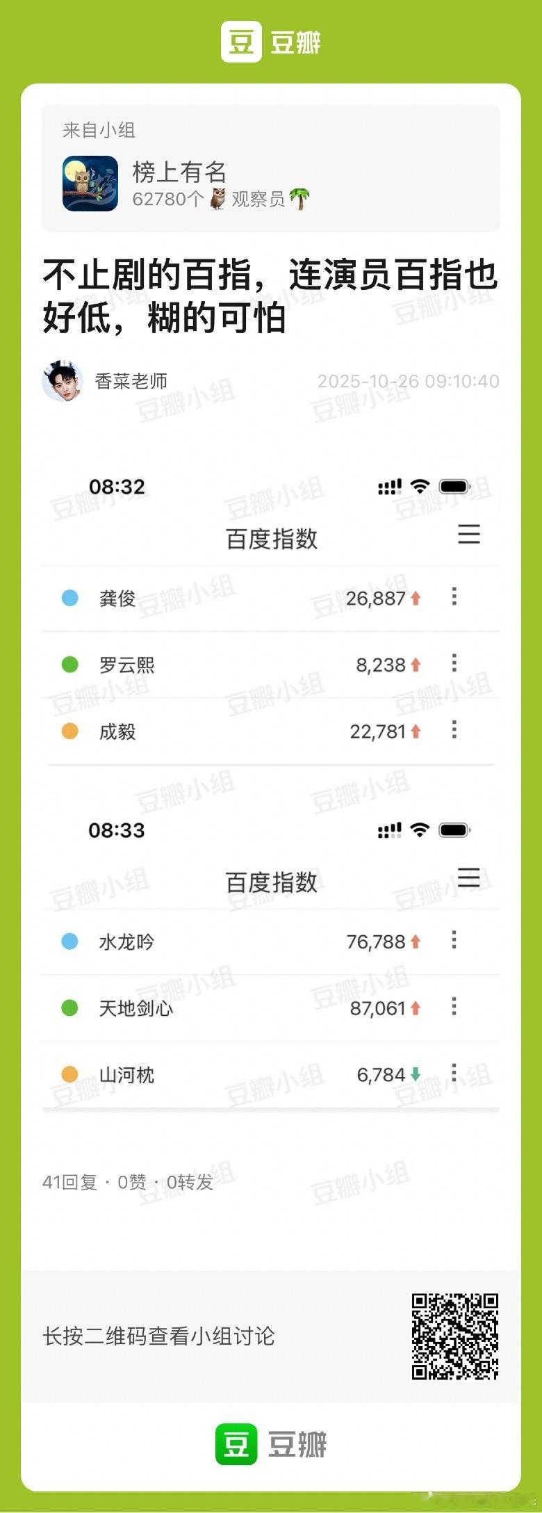 10.25新剧百指成毅天地剑心 百指8.7w爱奇艺年度首播第一，8000多热度的