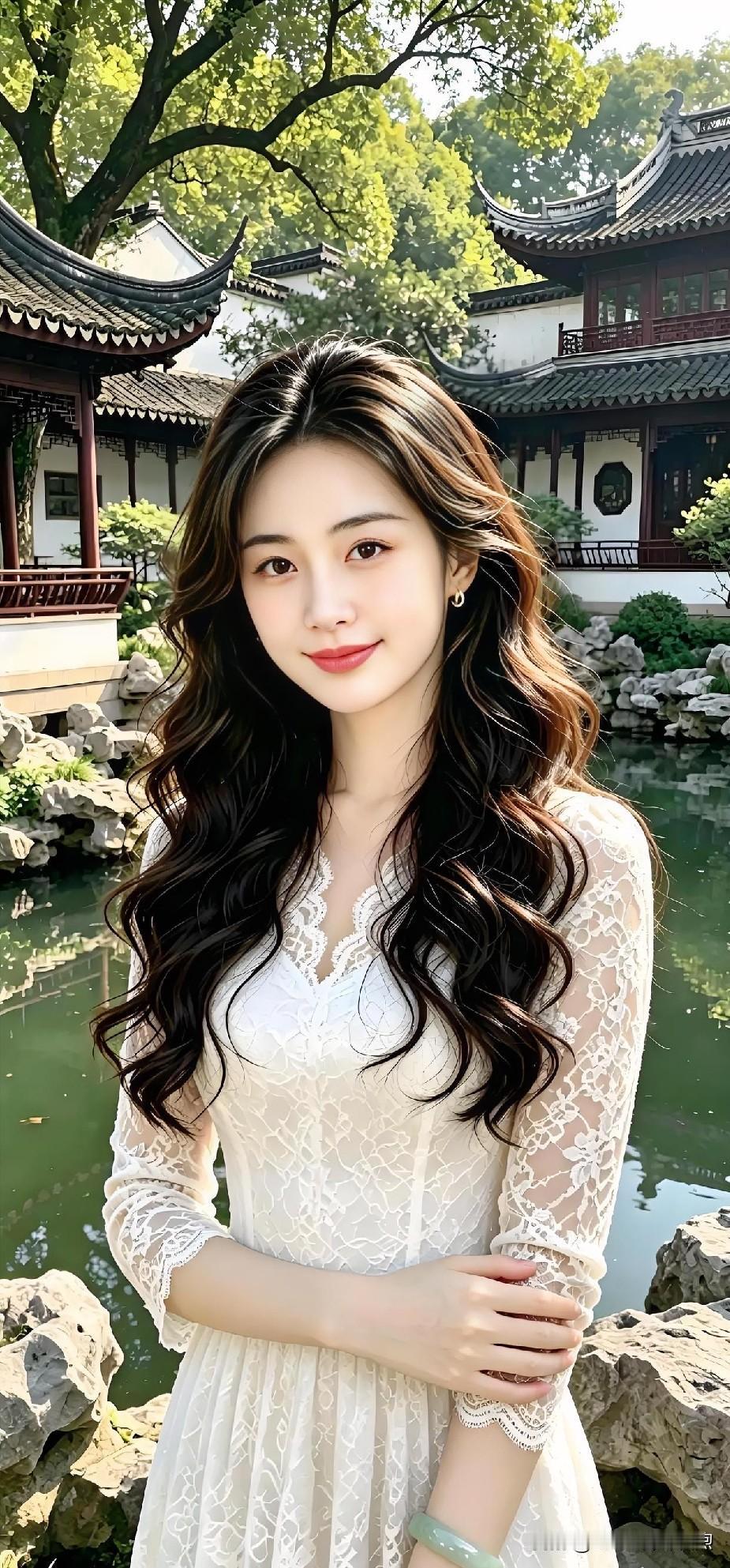 现代散文诗

白裙蕾丝轻绕，长发如瀑垂肩。

亭台水榭间，她一笑倾城，似从江南水