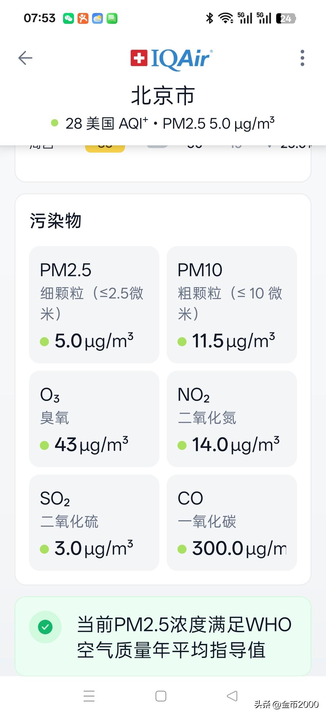 今天北京天气给了我一个大大的惊喜，pm2.5竟然达到了世卫组织的健康标准，只有5