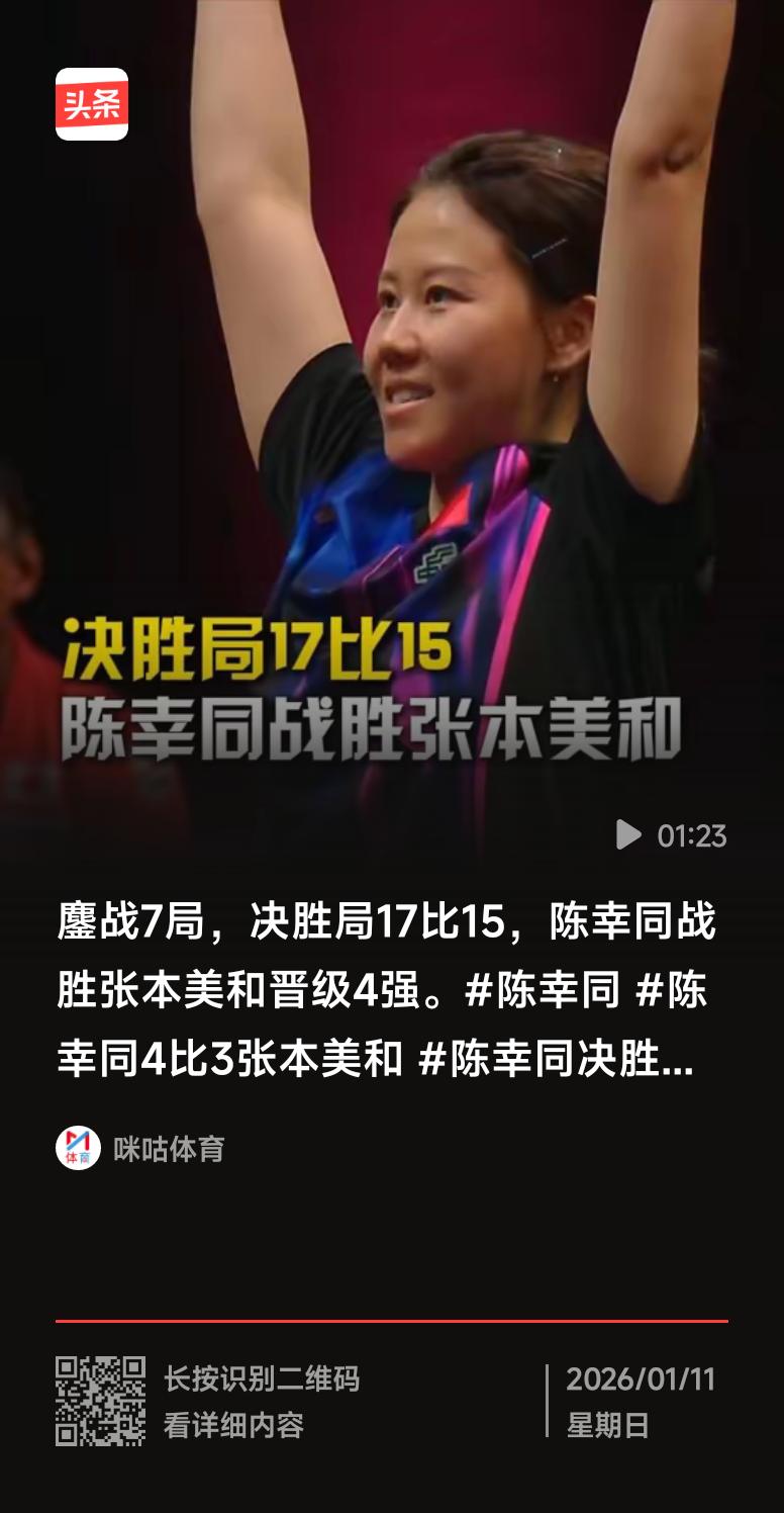 陈幸同4-3战胜张本美和晋级4强陈幸同这场球打得太燃了！先失两局后逆风翻盘，七局