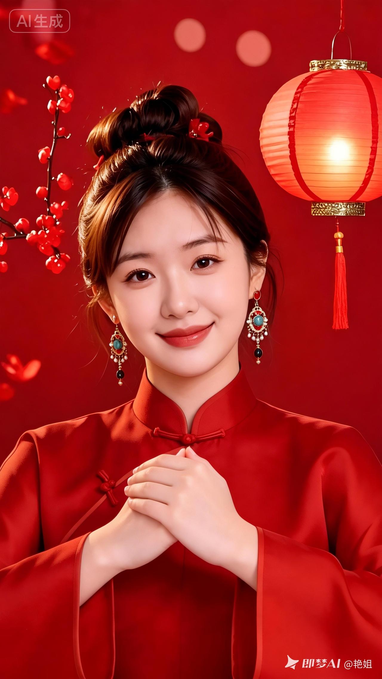 新年红衣美人，笑靥如花，福气满满！💃🏻💃🏻💃🏻