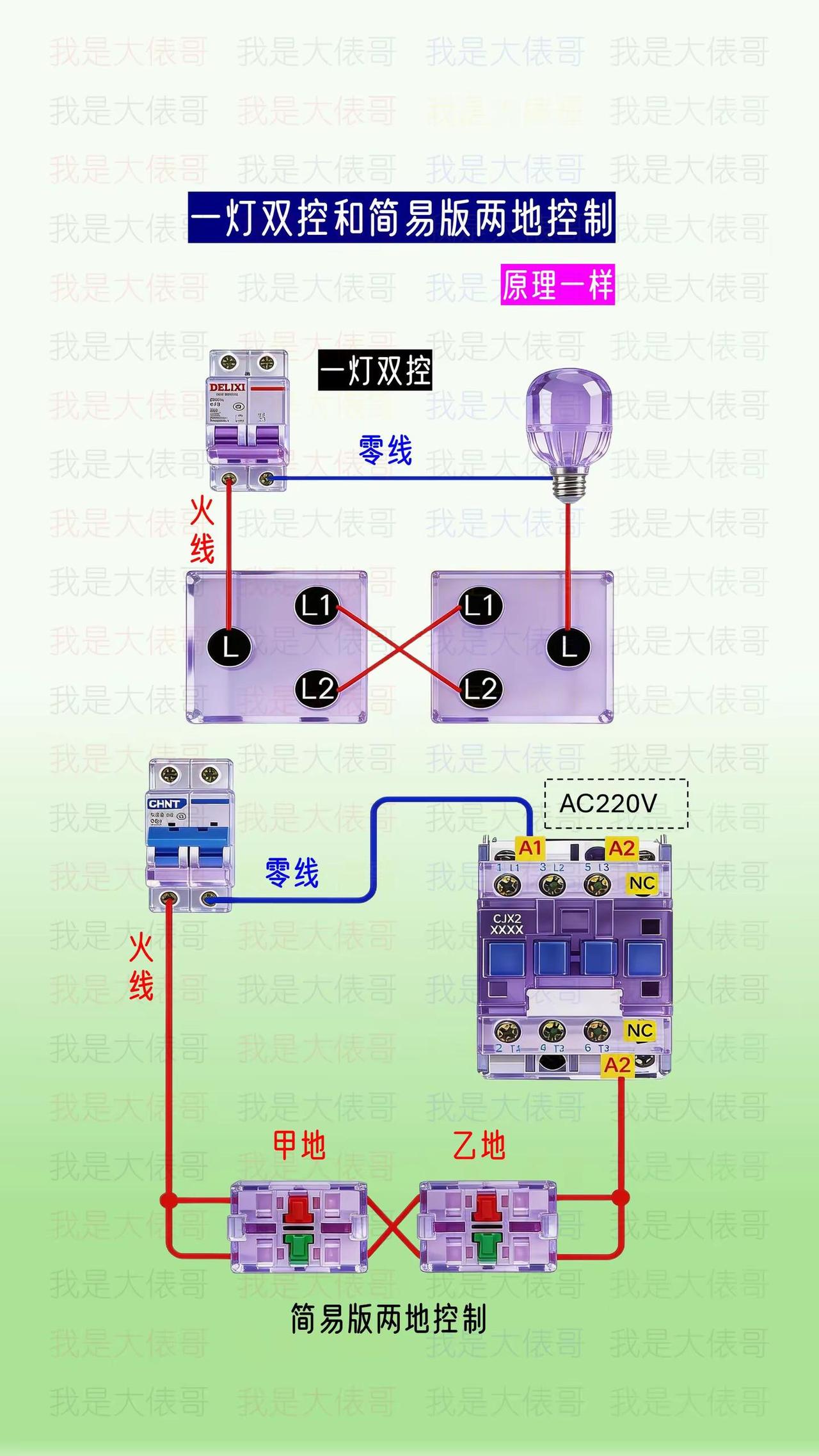 一灯双控和两地控制的工作原理是一样的。零基础学电工 电工知识 电工接线 一灯双控